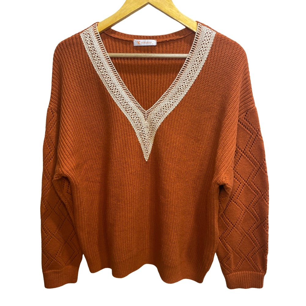 Kirundo Womens XL Burnt Orange V-Neck Crochet Lace Trim Pointelle Sleeve Sweater